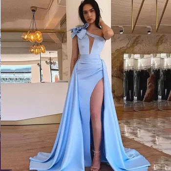 Msikoods Синие арабские вечерние платья с вырезом Элегантное атласное платье на одно плечо для выпускного вечера С разрезом сбоку Сексуальное женское вечернее платье