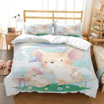 Комплект постельного белья из трех предметов с милым мультяшным принтом мыши для детей, мягкий и удобный комплект постельного белья королевского размера