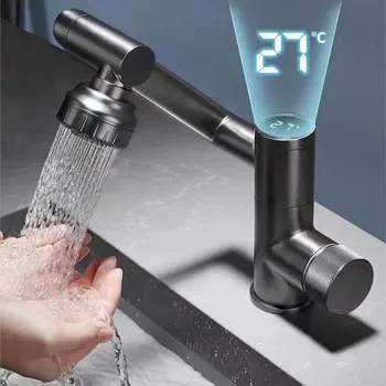 Тип раковины Светодиодный Цифровой дисплей температуры Кран Для горячей и холодной воды Вращение на 1080 ° Два режима Розетки Кран для ванной и туалета