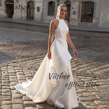 Viisher Белые Атласные Свадебные платья на бретелях, Многоуровневое Атласное Длинное платье Невесты, Элегантные Свадебные платья для гостей для женщин 2023