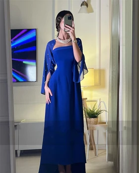 Частное изготовленное на заказ Королевское синее шифоновое вечернее платье для выпускного вечера в форме сердца для женщин с длинными рукавами трапециевидной формы длиной до пола