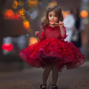 Красные платья с цветочным узором для девочек длиной до колена, с рукавом с драгоценным вырезом и цветочными оборками ручной работы, для маленьких детей, платье для выпускного вечера для ребенка