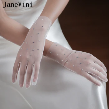 JaneVini Модные женские перчатки с бисером, Короткие Свадебные перчатки для невесты, Вечерние перчатки 24 см, Сексуальные прозрачные тюлевые свадебные перчатки для рук, женские перчатки