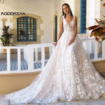 Свадебные платья RODDRSYA трапециевидной формы с V-образным вырезом 2023, без рукавов, с аппликацией на спине, кружевное тюлевое свадебное платье на заказ, Vestido De Novia