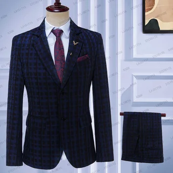 2023 Новый темно-синий Черный узор, комплект из 2 предметов, Мужской костюм, Блейзеры, Брюки, Классический деловой джентльмен, Формальный жених, Свадебная мужская одежда
