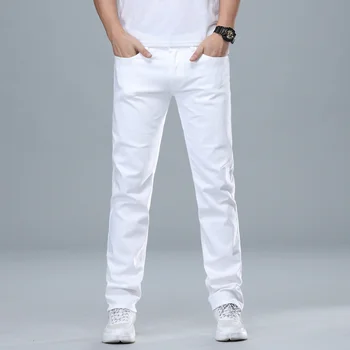 Классический стиль, мужские белые джинсы обычной посадки, деловые модные джинсовые хлопковые брюки повышенной эластичности, мужские брендовые брюки