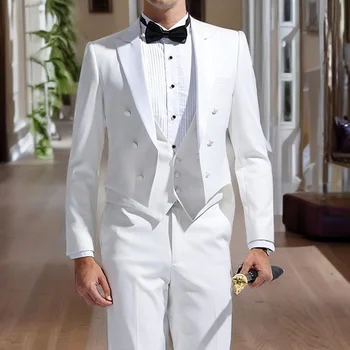 Сшитый на заказ Белый фрак, Мужские Свадебные костюмы 2023, Смокинг для курения, 3 предмета, Мужской Модный костюм Жениха Терно