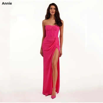 Эффектные розовые вечерние платья Annie, топ-русалка, Vestido Coctel, со складками с высоким разрезом,