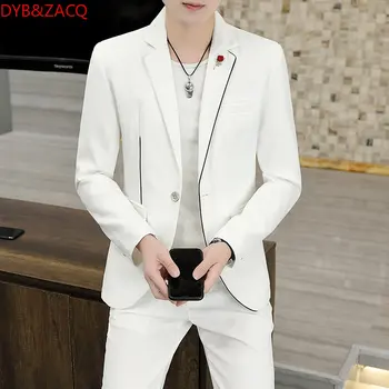 (Куртка + брюки) Мужской повседневный костюм, комплект в Корейском модном стиле 2022, Осенний Классический однотонный комплект из 2 предметов, Свадебный мужской костюм Большого Размера