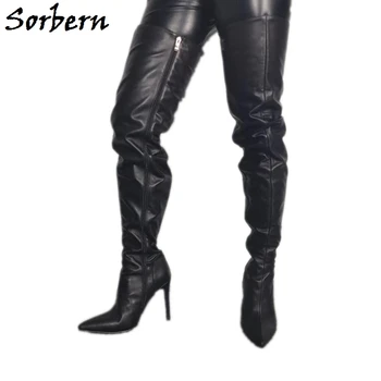 Женские сапоги Sorbern из натуральной кожи, ботфорты выше колена на высоком каблуке-шпильке, Женская обувь с широкой посадкой, черные сапоги до бедра