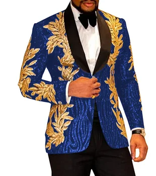 Мужской костюм SOLOVEDRESS, комплект из 2 предметов, Королевский Синий Тонкий, с блестящей золотой Аппликацией, платье для выпускного Вечера, жакет, вечерние Костюмы, Комплект (блейзер + брюки)