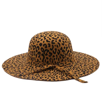 простая Складная Широкополая Женская Фетровая шляпа с широкими полями И куполом, Шерстяная женская Леопардовая шляпа-Клош