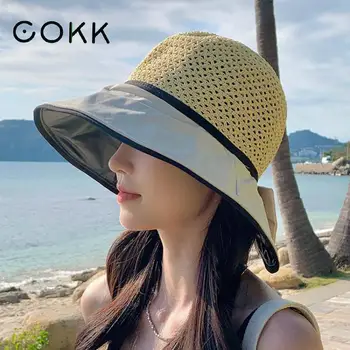 COKK Летние шляпы для женщин, солнцезащитная панама, Рыбацкая кепка с бантом, Дышащая солнцезащитная шляпа с защитой от ультрафиолета, женские шляпы, Складные Новые