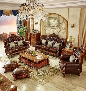 Роскошный диван из натуральной кожи с резьбой по дереву в европейском стиле, мебель для гостиной