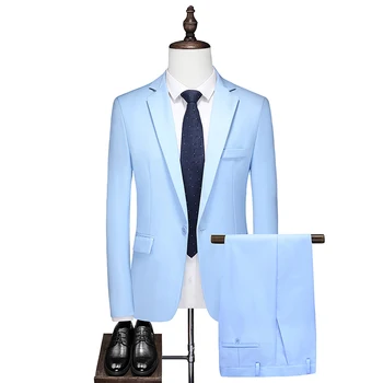 Мужской свадебный костюм (блейзер + брюки), модный деловой повседневный блейзер тонкого размера, профессиональный британский однотонный блейзер, комплект из двух предметов