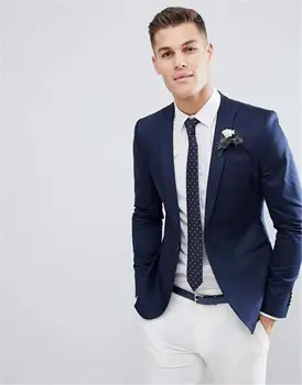 Высококачественный темно-синий свадебный костюм и белые брюки, приталенный мужской костюм, комплект из 2 предметов (куртка + брюки) Сшитый на заказ блейзер terno