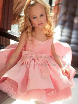 Милое Розовое платье Принцессы с цветочным узором для девочек, Праздничные платья для детского Дня рождения, Платья с блестками для Первого Святого Причастия