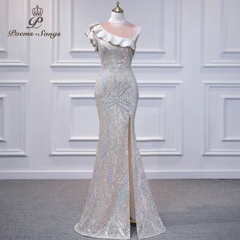 Элегантное серебристое сексуальное вечернее платье русалки на одно плечо, праздничный халат, вечерние платья для выпускного вечера, праздничное платье