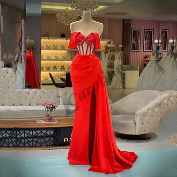 Вечернее платье Русалки из красного атласа Caroline с открытыми плечами, корсет с пайетками длиной до пола, вечерние платья для выпускного вечера, сшитые на заказ