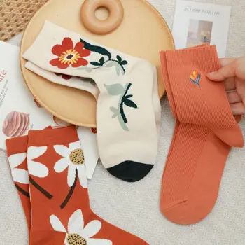 Оранжевые милые женские носки в стиле ретро в японском стиле Харадзюку с цветочным принтом, хлопковые уютные теплые уличные трендовые повседневные носки на осень-зиму