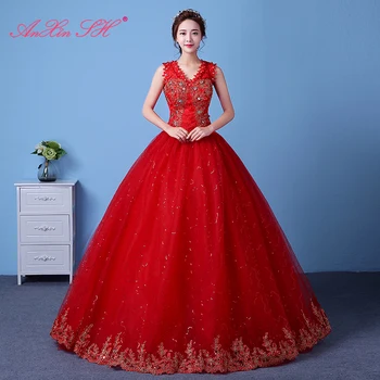 AnXin SH роскошное свадебное платье с красным цветком, винтажное платье принцессы, расшитое бисером, v-образный вырез, хрустальный цветок, Турция, белое кружевное свадебное платье невесты