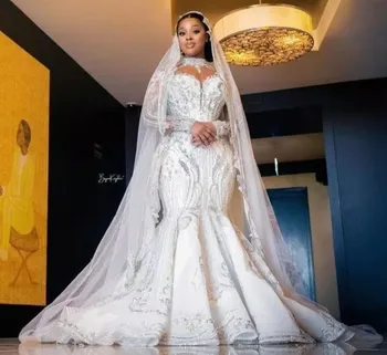 2023 Свадебные платья Русалки С длинными рукавами и высоким воротом, Расшитые бисером и блестками Свадебные платья в африканском стиле на заказ Vestidos De Noiva