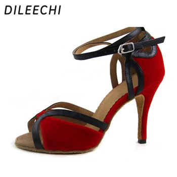 DILEECHI Spot/ оптовая продажа Красных бархатных женских туфель для латиноамериканских танцев на высоком каблуке 9 см, обувь для танцев Сальсы, обувь для квадратного танца, вечерние свадебные туфли