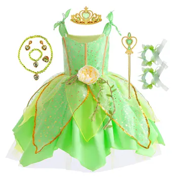 Платье цветочной феи для детей, платье принцессы для девочек, Волшебная крылатая корона, карнавальный костюм Ангела-Тинкер Белл, Рождественский костюм эльфа