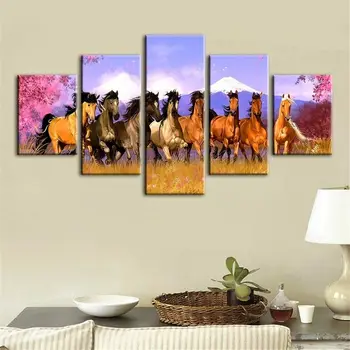 Лошадь Животные Пейзаж 5 панелей Печать на холсте Настенное искусство Холст Картина Настенный декор для гостиной Плакат без рамки