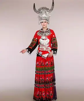 Традиционное свадебное весенне-красное платье для танцев в китайском стиле Мяо, в комплект входит шляпа и ожерелье