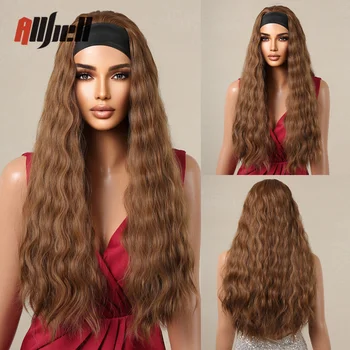 Синтетический каштаново-коричневый длинный вьющийся парик с повязкой на голову золотисто-коричневого цвета для ежедневного косплея, парики из натуральных волос для чернокожих женщин, термостойкие