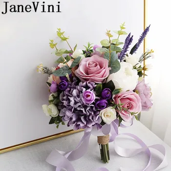 JaneVini фиолетовые искусственные свадебные цветы Свадебный букет лавандовая роза Mariage романтический букет для рук подружки невесты держатель для букетов