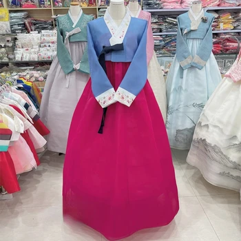 Свадебное платье Ханбок для новобрачных, Изысканная модная вышивка Ханбок, Корейское традиционное народное сценическое шоу, Синий топ + розово-красная юбка HC24