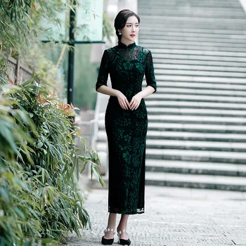 Улучшенное двухслойное Флокированное Платье Cheongsam 2023, Новое Ретро-Длинное Элегантное Вечернее Платье Qipao Для пожилых Женщин в Этническом китайском Стиле Для Матери