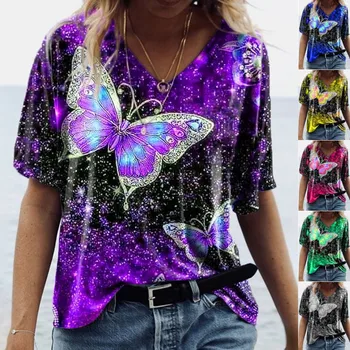 Женские футболки в Европе и Америке, женские топы с бабочками, одежда, летние футболки с принтом, свободные футболки большого размера