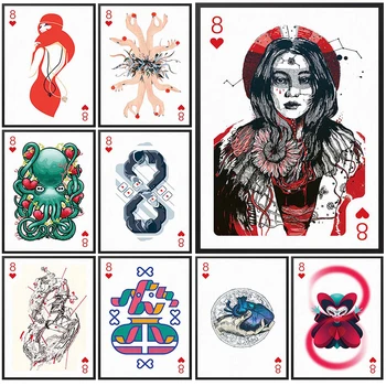 8 Карт для покера с Мультяшными Иллюстрациями, Настенные панно Для гостиной, Скандинавский Плакат, Настенное искусство, Холст, живопись, декор Без рамы