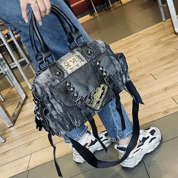 Ins Корейская весенне-летняя универсальная джинсовая сумка с вышивкой большой емкости, Застиранная через плечо, Женская сумка для поездок на работу, сумка для студенческих занятий