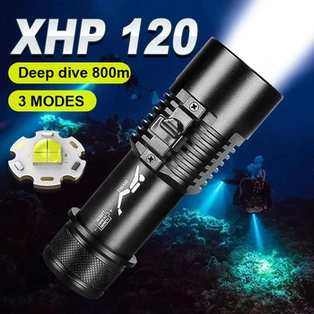 Супер Яркий Фонарик для дайвинга XHP120 с водонепроницаемостью IPX8 Профессиональный фонарь для дайвинга под водой 800 м с ручной веревкой