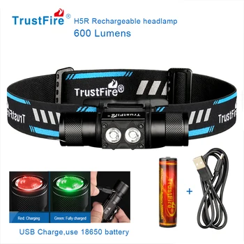 Trustfire H5R Налобный фонарь 600 Люмен с двумя светодиодами USB Перезаряжаемая лампа Фары 18650 Налобные фонарики для рыбалки с индикатором мощности