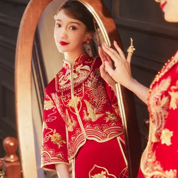 Свадебное платье невесты с вышивкой феникса, одежда для тостов, китайский Традиционный Элегантный Ципао с длинными рукавами в классическом стиле Чонсам