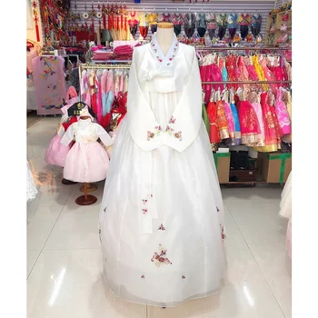 Женский Ханбок из корейской импортной ткани, Корейская этническая одежда, Белый костюм для выступлений в стиле Ханбок