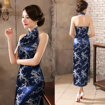 Темно-синее винтажное женское атласное вечернее платье в китайском стиле, новинка, с открытой спиной, Cheongsam Qipao, с цветочным рисунком, Размеры S, M, L, XL, XXL, XXXL
