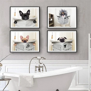 Забавная собака, читающая газету, Настенное искусство, холст, плакаты, принты, Настенные картины, Подарок любителю собак для ванной, туалета, домашнего декора
