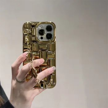 Браслет с 3D квадратным Винтажным золотым глянцевым покрытием, ремешок на запястье Для iPhone 13 12 Pro Max 11 XS XR Mini 7 8 Plus