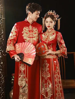 Yourqipao Lovers Вышивка Феникса Cheongsam Свадебное платье в китайском стиле Свадебный костюм Для невесты Винтажная Изысканная Одежда с блестками