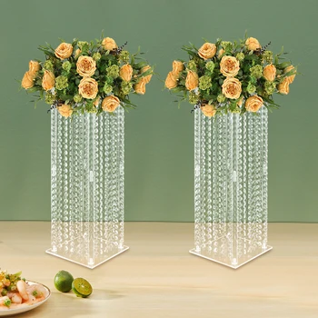 Прозрачные акриловые высокие вазы для центральных украшений - 2 шт, Акриловая подставка для цветов в виде колонны с кристаллами в виде люстры, ваза диаметром 23,6 дюйма