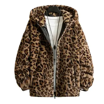 Мужское пальто с леопардовым принтом, Длинный рукав, застежка-молния, мужское пальто, зимняя утолщенная двусторонняя плюшевая куртка с капюшоном, верхняя одежда