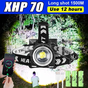 Самый мощный светодиодный налобный фонарь XHP70 Белого света, походная фара, Масштабируемый портативный налобный фонарь 3 * 18650, перезаряжаемый через USB