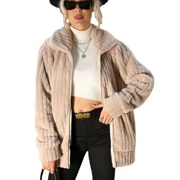 Женская куртка с отворотом в полоску, на молнии, с длинным рукавом, однотонная, средней длины, двустороннее плюшевое пальто, женское