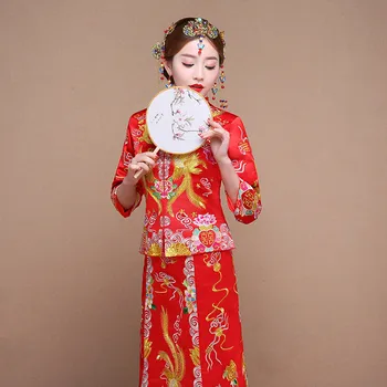 Высококачественное Великолепное Винтажное Традиционное китайское Свадебное платье Cheongsam Qipao в крупный рубчик, Красный Дизайн китайской кантонской Вышивки